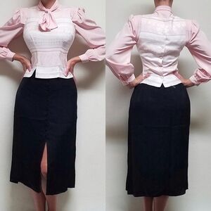 VINTAGE Josephine Pastel Pink Floral Satin Vest Tie Neck Button Up Blouse Set